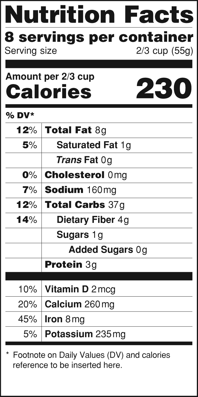 Nutrition Facts label illustration showing serving size, calories, and nutrient information