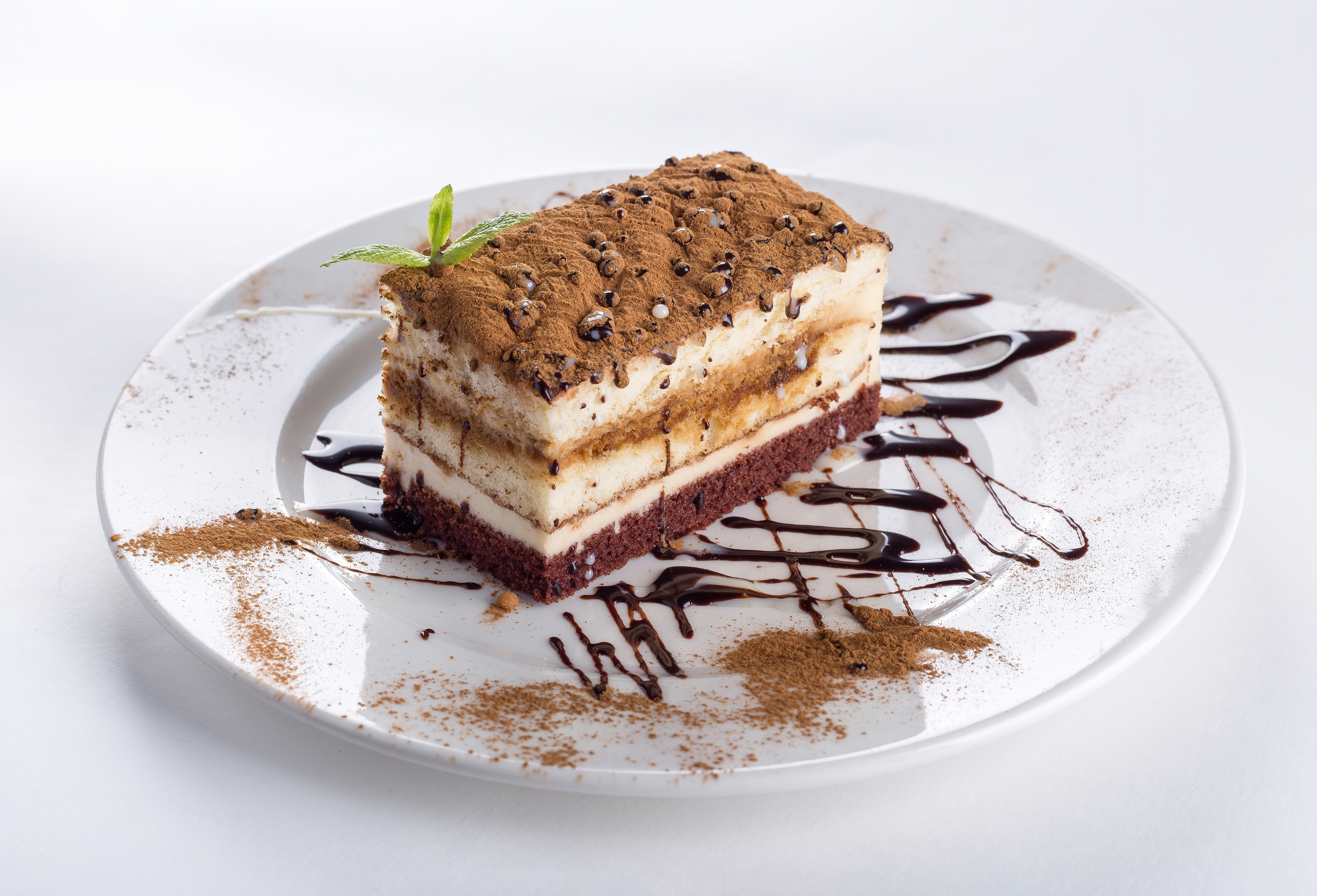 Slice of chocolate cake on a white plate for the cake sizing guide